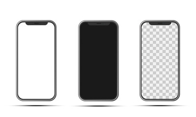 Smartphone mockup set. Three phones in realistic style. Mockups with shadows. Vector illustration