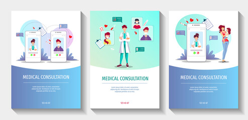 Set of flyers for Laboratory diagnostic, Medical consultation, Online doctor, Medicine clinic and health care. A4 vector illustration for poster, banner, flyer, presentation.