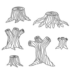 Tree stump vector set. Illustration of old wood trunks, isolated on white background.