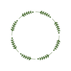 Circle of green leaves. Round frame of green twigs. Design template for logo, invitation, greetings. Laconic stylish wreath. Minimalist border. Deciduous wreath. Vector illustration, stick, leaf