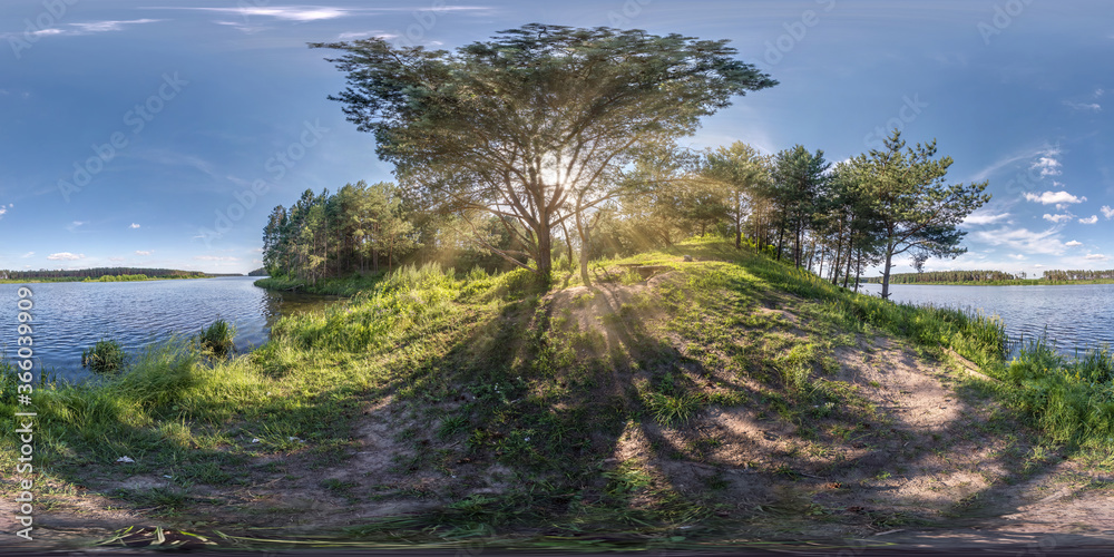Wall mural full seamless spherical hdri panorama 360 degrees angle view near huge tree on banks of wide river w