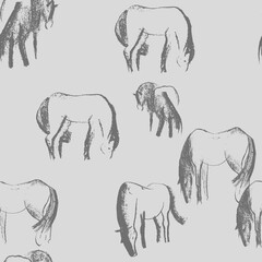 Seamless hand drawn pattern with horses.