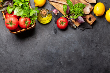 Italian cuisine ingredients. Tomatoes, herbs and spices