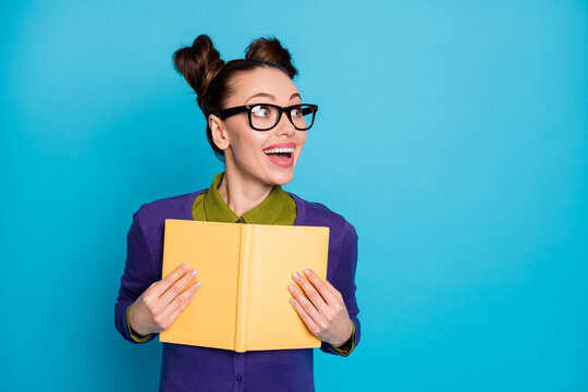 Close-up portrait of her she nice attractive intelligent diligent cheerful girl learning reading book creating plan isolated on bright vivid shine vibrant blue green teal turquoise color background