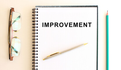 Notepad with text on a white background, near glasses and pencil. Business concept.