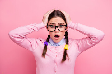 Close-up portrait of her she attractive pretty worried caucasian overwhelmed brown-haired girl nerd...