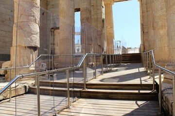 Greece, Athens, June 16 2020 -  Plexiglass separators have been installed at Acropolis' Propylaia following a long list of new safety rules due to coronavirus outbreak. 