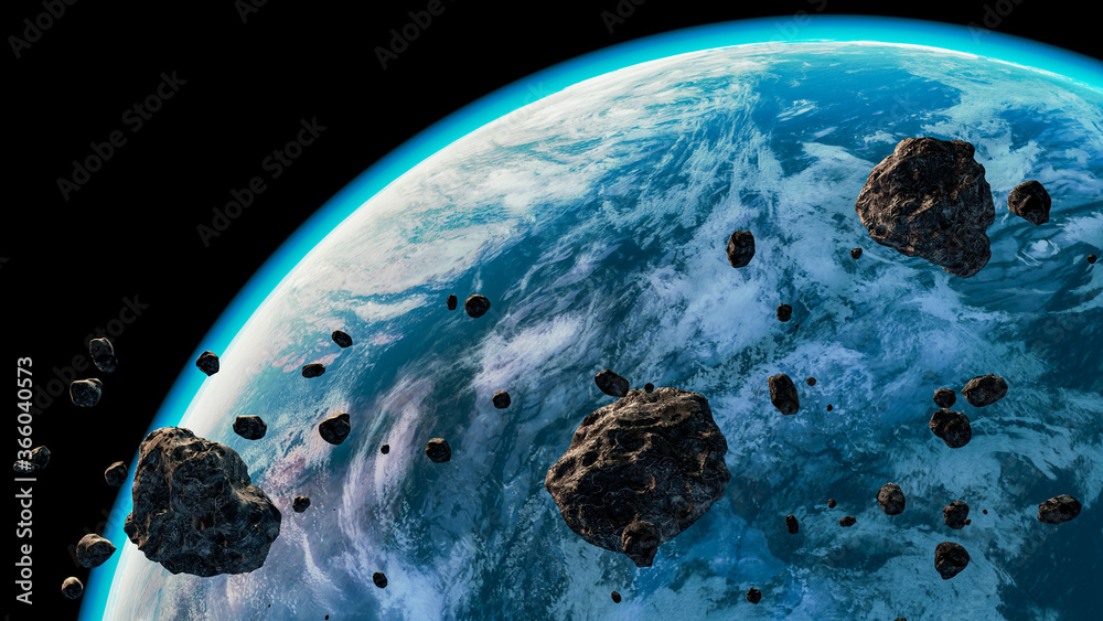 Wall mural blue planet or exoplanet with atmosphere and clouds and asteroids in the foreground. spacescape arti