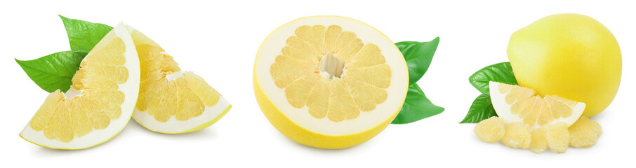 pomelo with slice and leaf isolated on white background. Set or collection