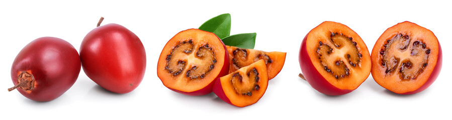 Fresh tamarillo fruit with leaves isolated on white background, Set or collection