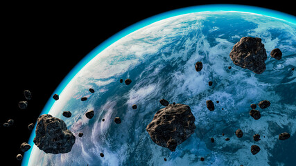 Blue planet or exoplanet with atmosphere and clouds and asteroids in the foreground. Spacescape artist concept 3D rendering illustration. © Matthieu