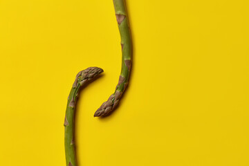 Two ripe green asparagus stalks over yellow background. Healthy nutrition, food and seasonal vegetables harvest. Close up, copy space