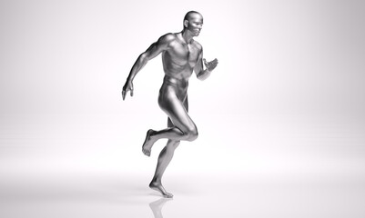 3D Rendering : a running male character with silver texture on the body