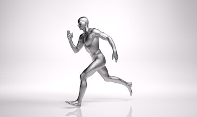 Fototapeta na wymiar 3D Rendering : a running male character with silver texture on the body