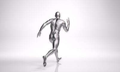 3D Rendering : a running male character with silver texture on the body