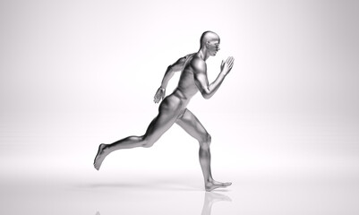 3D Rendering : a running male character with silver texture on the body