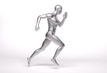 3D Rendering : a running male character with silver texture on the body