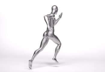 3D Rendering : a running male character with silver texture on the body
