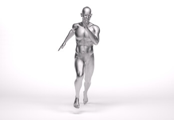 3D Rendering : a running male character with silver texture on the body