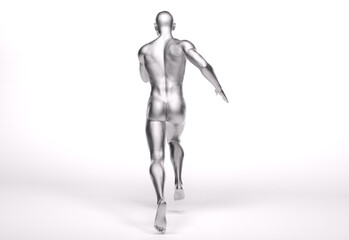 3D Rendering : a running male character with silver texture on the body