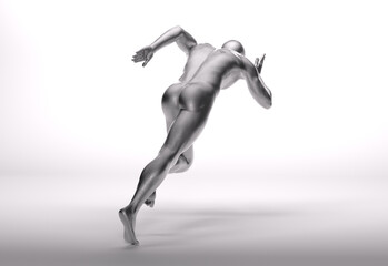 3D Rendering : a running male character with silver texture on the body