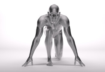 3D Rendering : a running male character with silver texture on the body