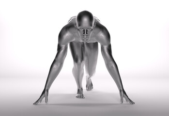 3D Rendering : a running male character with silver texture on the body