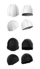 Set of hats made of fabric for sports, swimming. 3d illustration of realistic mockup, template, black and white. Headwear, accessories, clothing. Front, back, side view.