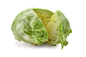 Fototapeta premium Fresh harvested, pale green cabbage and one cut off section. Isolated on white background. Smooth-leafed vegetable. Close up, copy space