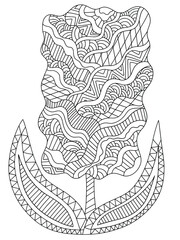 Elegance detailed blossom flower coloring page for kids and adults. Spring and summer linear vector illustration. Black stylized outline flower with leaves isolated on white. One of a series.