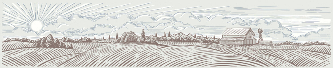 Format panoramique de paysage rural avec une ferme. Illustration dessinée à la main dans le style de gravure.