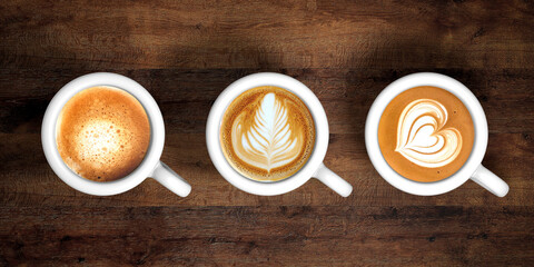 3d illustration various coffee cups on wood background