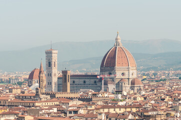 Santa Maria del Fiore cathedral seen from above over Florence Tuscany Italy in a sunny morning