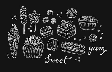 Сonfection. Sweets, candy, cake, pie, sugar, pastry, bakery, lollipop, ice cream, macaroons, cupcake, eclair dessert set. 