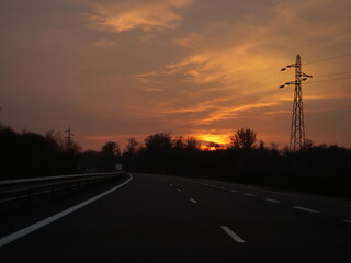 A sunset on the road in the east of France.