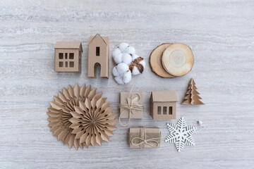 Fototapeta na wymiar Zero waste Christmas, concept flat layout on rustic wood. Hand crafted gifts with natural