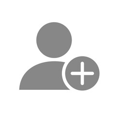 Fototapeta premium User profile with plus grey icon. Add new friend, customer, follow symbol