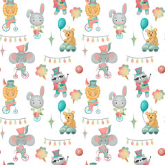 Seamless pattern of hand drawn circus animals (elephant, raccoon, rabbit, lion, bear), illustration on white background