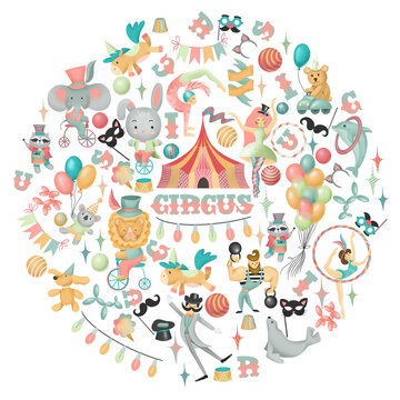 Round composition of hand drawn circus actors, animals and elements of circus or amusement park, isolated illustration on white background