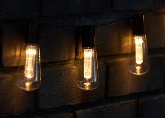 Bright yellow lights hanging in the night garden