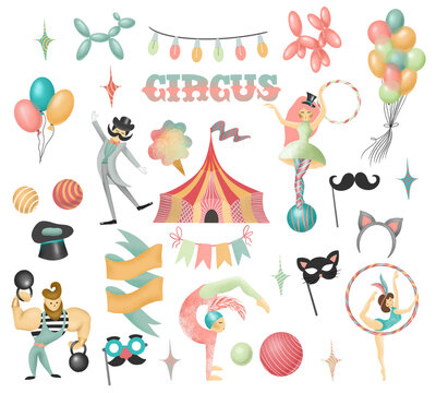 Collection of hand drawn circus actors and elements of circus or amusement park, isolated illustration on white background