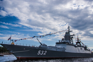 close-up military warship in the water area of the neva