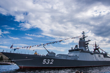 close-up military warship in the water area of the neva