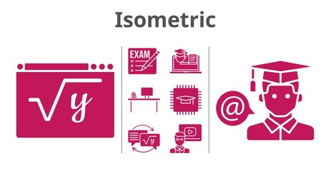 isometric set. included exam, chip, desktop, teacher, homework, student, maths, training icons. filled styles.