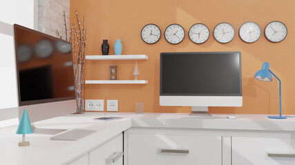 Desktop computer with black screen on the table of the office mockup 3d rendering. 3d illustration
