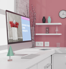 Workspace at home with a desktop computer 3d rendering mockup.Mo