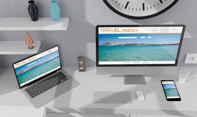 Laptop, desktop computer ,mobile and tablet 3d rendering travel agency website mockup .3d illustration