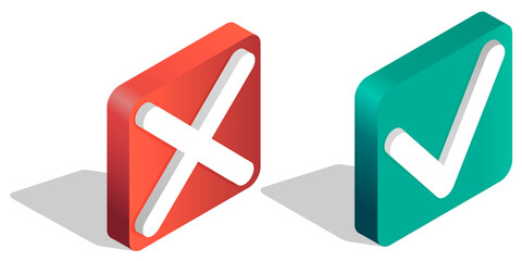 An isometric image of the tick and cross icons.Green icon indicating Yes.White check mark on a green background.Red icon indicating no.The sign of the error.White cross on a red background.