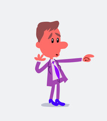 Surprised businessman points to something in isolated vector illustration
