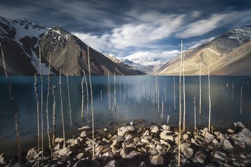 Panoramica de un lago con las montaÃ±as y el cielo azul © Carlos Oyarzun/Wirestock